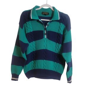 Eddie Bauer Vintage Rugby Stripe Cable Knit Sweater Green Blue Women's Medium M